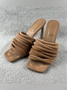 Simkhai Lena Multi Strap Suede Mule Heels Size 39 US 8.5 Tan Brown